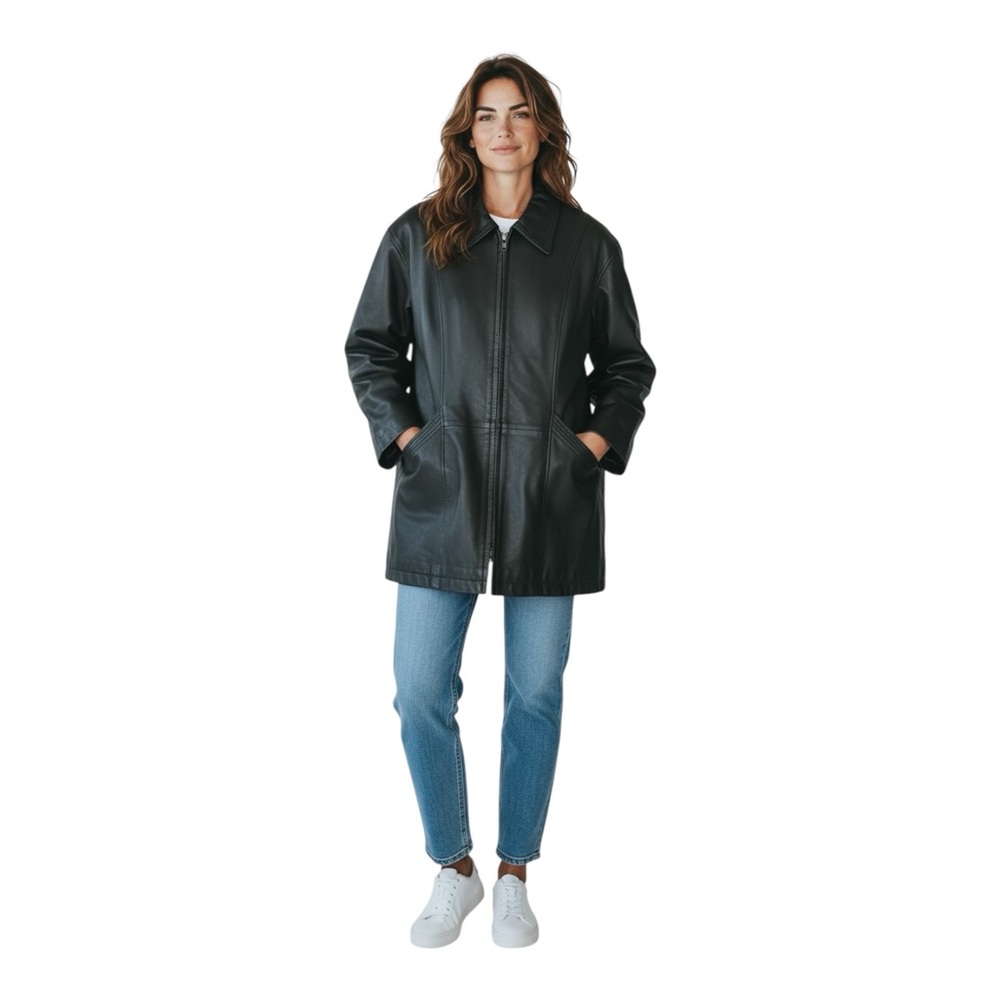 Vintage‎ 90s Black Leather Long Coat Minimalist Grunge Jacket Size L